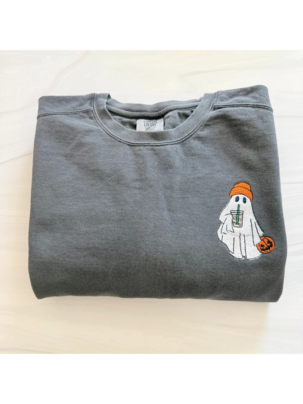 Comfort Colors Embroidered Iced Coffee Ghost Sweatshirt Crew M Graphite NWOT